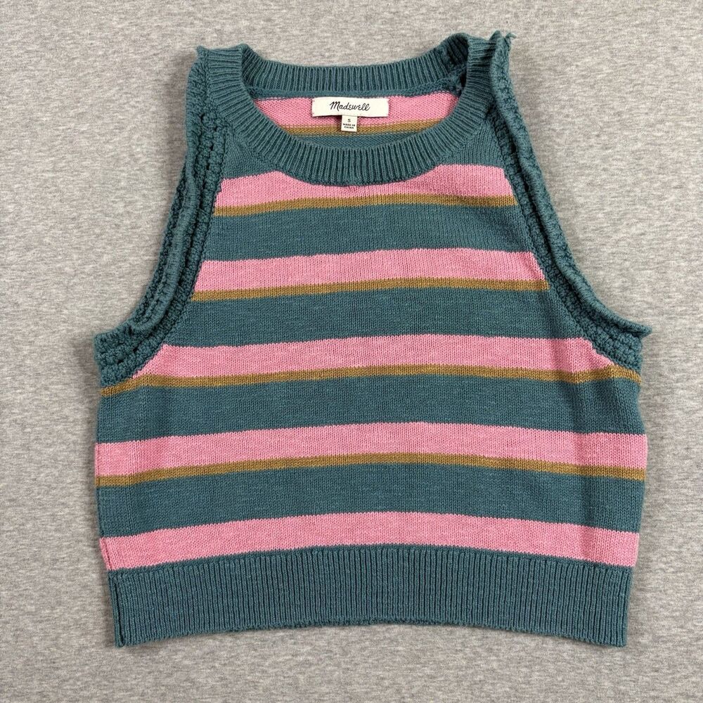 Madewell Cropped Sweater Vest Small Striped 100% Cotton Knit Preppy Tank